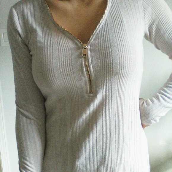 Cream Gold Zipper Rib Knit Top - Picture 1 of 8